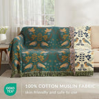 Boho Throw Blanket for Couch Sofa Bed, 100% Cotton Woven Quilt with Tassel 90”x98”, Super Soft Muslin Blanket with Bird Printed, Decorative Reversible Bed Blanket/Cover for All Seasons
