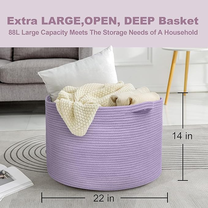 Purple Rope Storage Basket, 22" X 14" Large Woven Baskets, Jumbo Floor Bin for Throw Blankets Pillows, Baby Laundry Basket, Dirty Clothes Organizer, Big Storage Bin for Toys, Towels