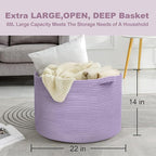 Purple Rope Storage Basket, 22" X 14" Large Woven Baskets, Jumbo Floor Bin for Throw Blankets Pillows, Baby Laundry Basket, Dirty Clothes Organizer, Big Storage Bin for Toys, Towels