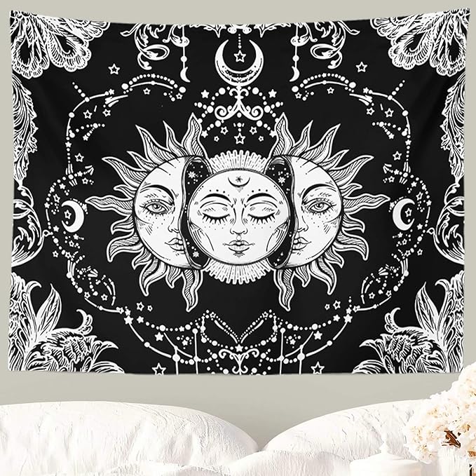 Ftuency Sun and Moon Tapestry Black and White Tapestries Mystic Burning Sun with Star Wall Hanging decor for Bedroom (59.1" W x 59.1" L)