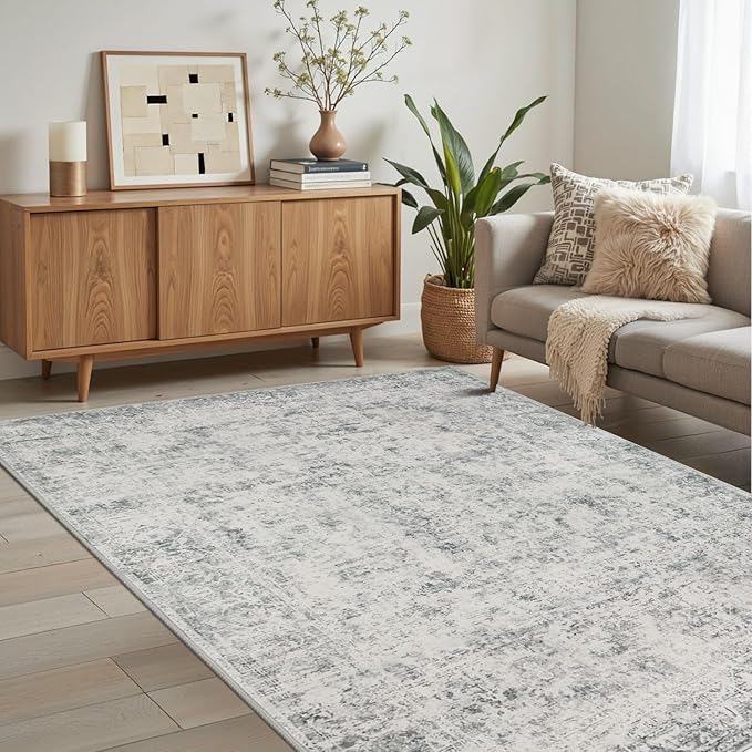 Area Rugs for Living Room Bedroom, Washable Rug, Grey Vintage Abstract Boho Rug, Non Slip & Low Pile Wool Carpet for Indoor Dining Room, Farmhouse, Kids Room and Office(Grey 4x6ft)