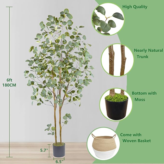 Artificial Eucalyptus Tree, 6ft Tall Faux Eucalyptus Plant with Basket for Home Office, 72'' Fake Tree for Indoor Outdoor Livingroom Garden Floor Décor