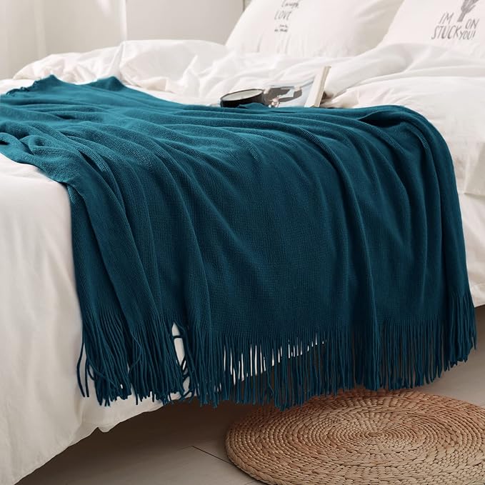 Homiest Decorative Knitted Throw with Fringe, Lightweight Acrylic Knit Blanket, Soft & Cozy Tassel Blanket for Couch, Sofa, Bed (Turquoise, 50 x 60 Inch)