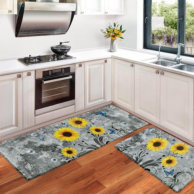 Likiyol Sunflower Kitchen Rugs Sets of 2 Kitchen Mats for Floor Anti Fatigue Mats for Kitchen Floor, Spring Kitchen Rugs Non Slip was Washable, Floral Standing Floor Mats, 18''x30''+18''x48'' (Gray)