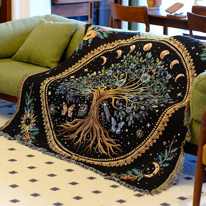 Tree of Life Woven Throw Blanket Mandala Boho Chic Decor Life Tree Reversible Cute Cotton Boho Throw Blanket Witchy Throws Blankets with Tassels Bohemian Room Decor Luxury Christmas Throws 51”x59”