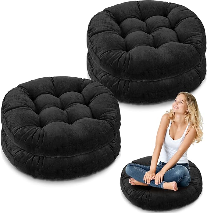 Jerify Floor Pillow Cushions Large Round Square Large Meditation Floor Pillow for Classroom Adult Meditation Picnic Party Seating Learning Daycare School(Round,Black,4 Pcs)