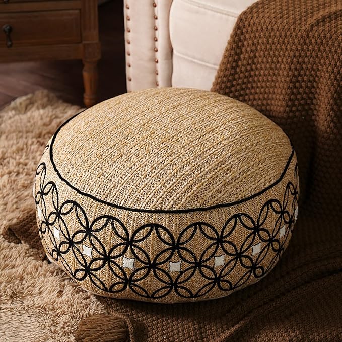 SUTAVIA Pouf Cover Ottoman Unstuffed Pouf Seat Footrest Decorative Storage Bean Bag Floor Chair for Home Decor Living Room Bedroom (Linen Decor, Round, 20" D x 20" W x 8" H)
