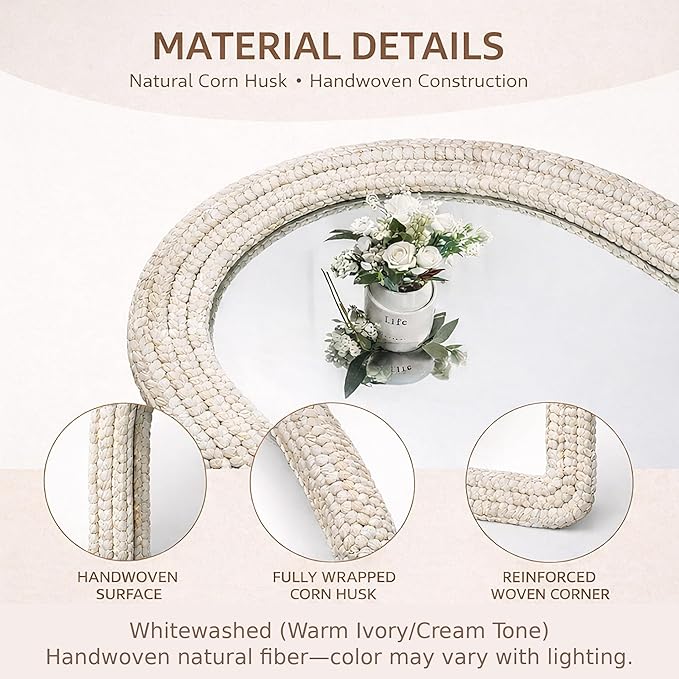 30" x 40" Arched Wall Mirror, Handwoven Natural Corn Husk Fiber with Light Whitewashed Finish, Warm Boho Coastal Style for Entryway, Bedroom, Living Room, Vertical Hanging
