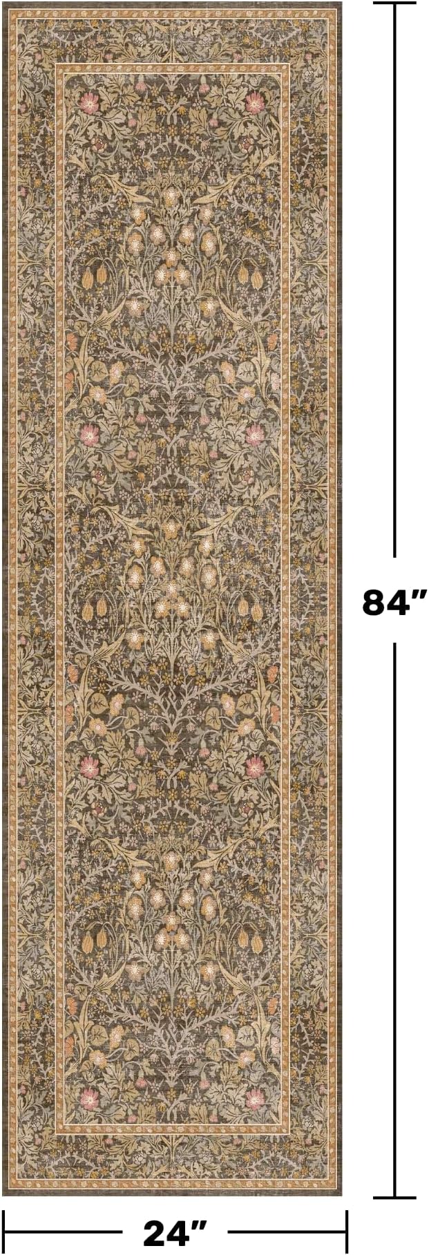 Non Slip 2x7 Gold Brown Runner Rugs - Washable Long Runner for Bathroom, Kitchen, Hallway, Indoor Floor Mat, Bedroom Bedside - Brown Earthy Vintage Floral Décor