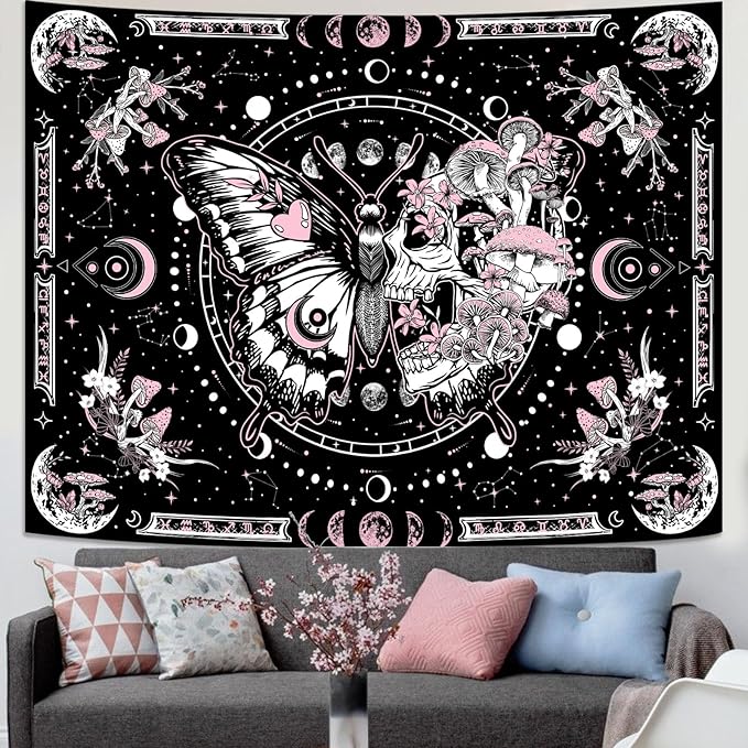 Skeleton Butterfly Tapestry Pink Skull Hippie Mushroom Plants Tapestry for Bedroom Moon phase Aesthetic Tapestries Wall Hanging for Living Room Dorm (Pink, 90” x 68”)