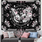 Skeleton Butterfly Tapestry Pink Skull Hippie Mushroom Plants Tapestry for Bedroom Moon phase Aesthetic Tapestries Wall Hanging for Living Room Dorm (Pink, 90” x 68”)