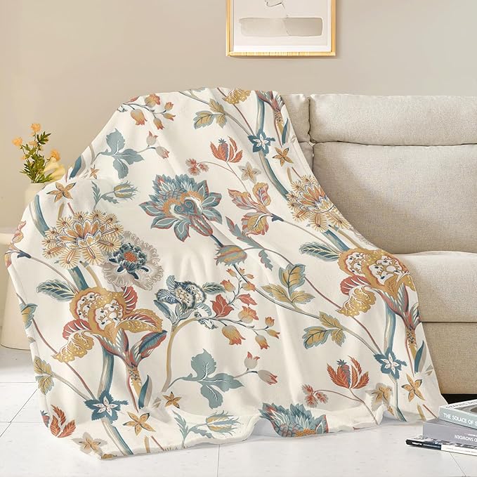 Boho Floral Throw Blanket, Bohemian Soft Cozy and Warm Couch Blankets Gift for Flower Lover, Decorative Blankets for Sofa Couch Bed, White Green 50×60 inches