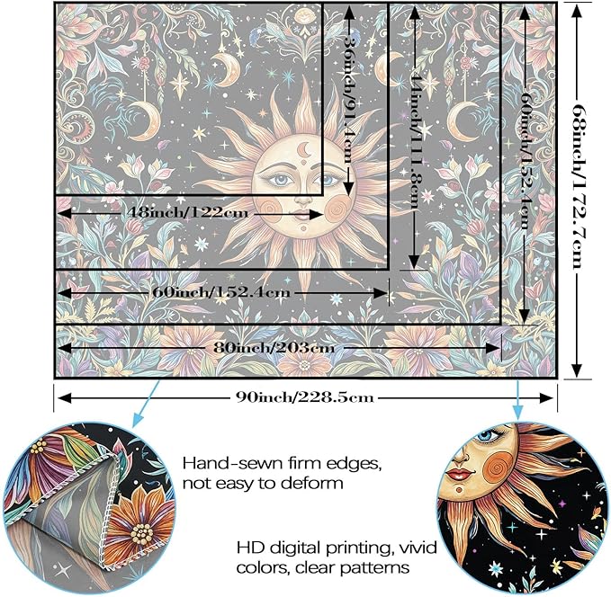 Aipon Sun and Moon Tapestry Hippie Boho Floral Wall Tapestry for Bedroom Aesthetic Colorful Flowers Vintage Celestial Botanical Plant Large Tapestries Wall Hanging for Living Room Dorm 80 x 60 Inch