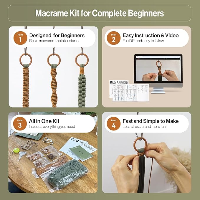 Macrame Kits for Beginners, 3 Set of Plant Hangers DIY Kit: Braided Polyester Ropes 50yds*5mm Forest Green, 20yds*2mm Burnt Orange, 60+Pcs Supplies with Step-by-Step Easy Instructions (GROR)