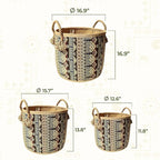 Set of 3 Handwoven Seagrass Baskets with Bohemian Brocade Cover – Decorative Wicker Storage Hampers with Handles for Laundry, Blankets & Toys – Natural Woven Baskets for Home & Bedroom Decor