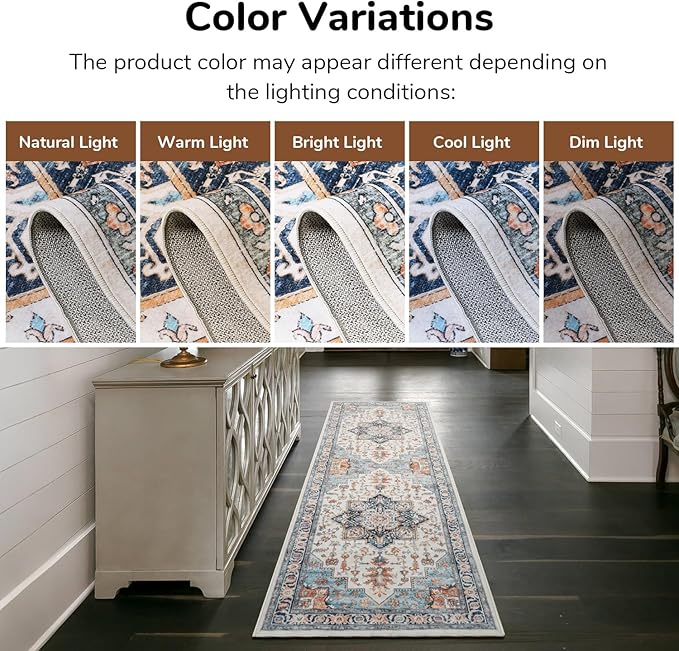 Lessymo Washable 2x6 Runner Rug for Hallway Entryway, Non Slip Kitchen Area Rugs Indoor Mat for Bedroom Bathroom Laundry Farmhouse, Soft Vintage Floor Carpet Stain Resistant Low Pile, Orange/Blue