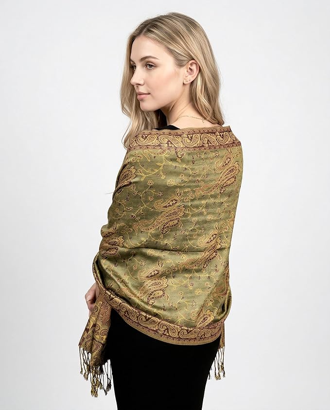 Achillea Reversible Paisley Pashmina Rave Scarf – Exotic Indian Shawls and Wraps for Evening Dresses, Festivals, All Seasons