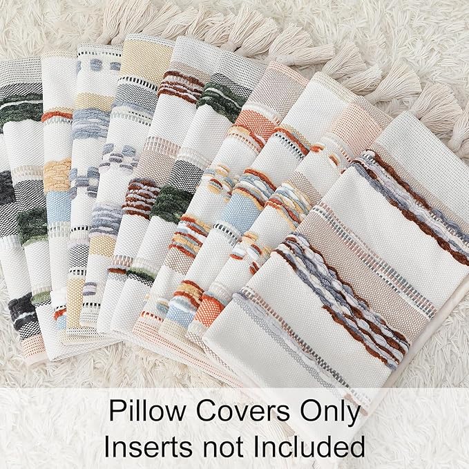 decorUhome Boho Decorative Throw Pillow Covers 18x18 Set of 2, Striped Chenille Tufted Pillow Covers with Tassels for Couch Bed Sofa, Sky Blue