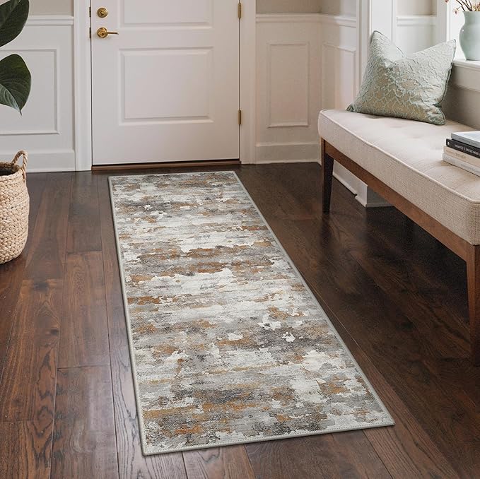 GENIMO Washable Rugs 2x5 Runner Rugs for Hallway Kitchen, Modern Lightweight Rug Ultra Soft Indoor Runner Rugs for Entryway, Low Pile Carpet with Non Slip Backing, Grey Brown Beige
