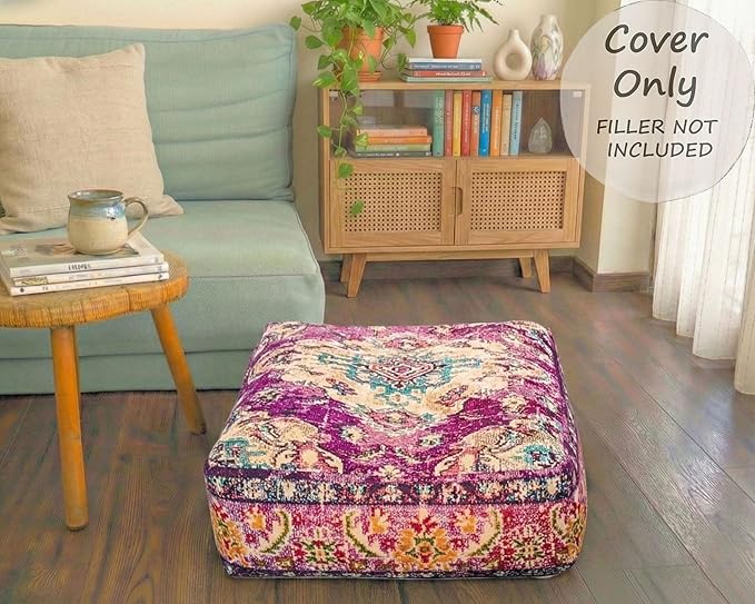 Mandala Life ART Moroccan Floor Cushion Cover Purple Square Large Meditation Pillow Case Moroccan Décor Pouf Ottoman Perfect for Living Room, Bedroom, Nursary or Children Room unstuffed