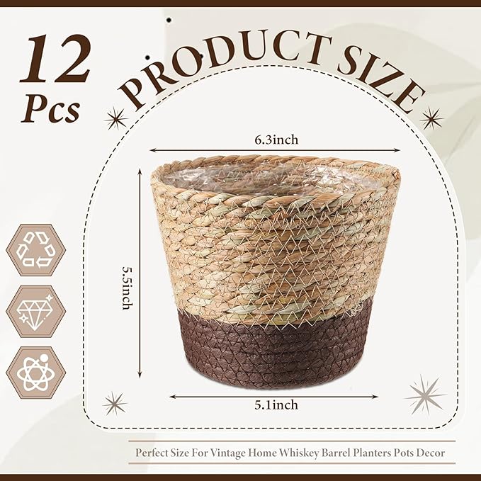 12 Pcs Seagrass Plant Basket with Plastic Liners Woven Stylish Planter Baskets Bulk Indoor Outdoor Plants Woven Wicker Baskets for Flower Pots Cover and Room Decor Small (Small,Scandinavian)