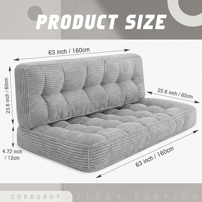 63 Inch Folding Bench Cushion, 4 Inch Thick 2-in-1 Convertible Long Floor Lounger Boneless Cushions Couch Mattress Upholstered for Yoga, Reading, Sleeping, Meditation Living Room(Light Grey)