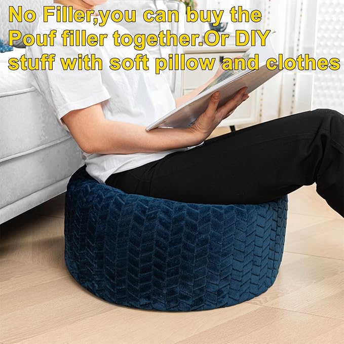 Asuprui Pouf Ottoman Unstuffed Ottoman Foot Rest Floor Pouf Round Pouf Seat Floor Bean Bag Chair Foldable Floor Chair Storage for Living Room Bedroom Navy Blue