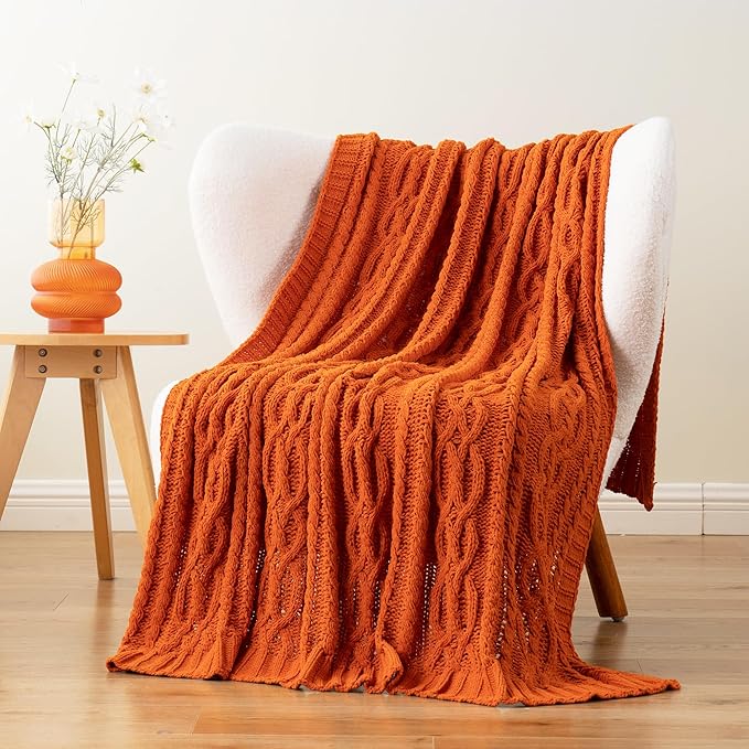 Battilo Burnt Orange Throw Blanket for Couch, 51" x 67", Soft Warm Cozy Chenille Knit Blanket Boho Halloween Blanket Fall Decor, Fall Throw Blanket for Bed, Sofa, Living Room