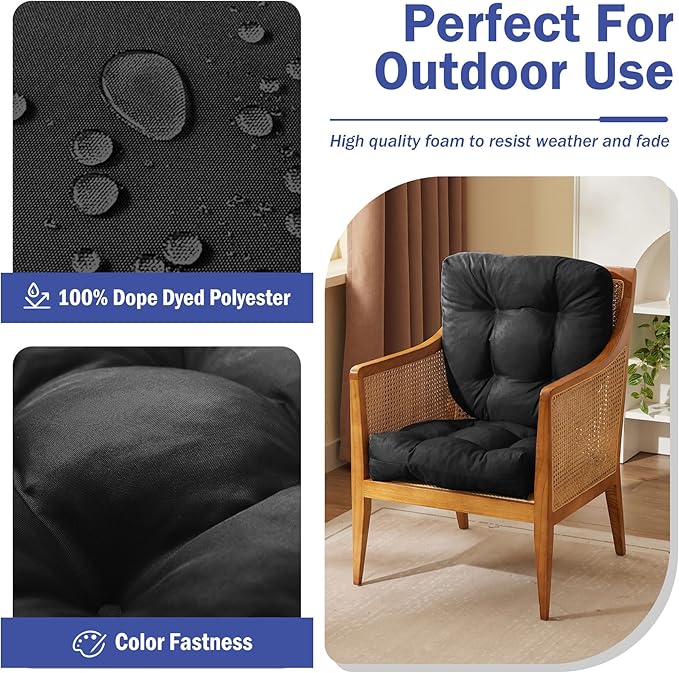 Outdoor Chair Cushions Set of 2, Patio Chair Cushions with Ties, 17x17+4” Tufted Outdoor Seat Cushions, Waterproof Patio Furniture Cushions, Outdoor Dining Chair Pads, Black