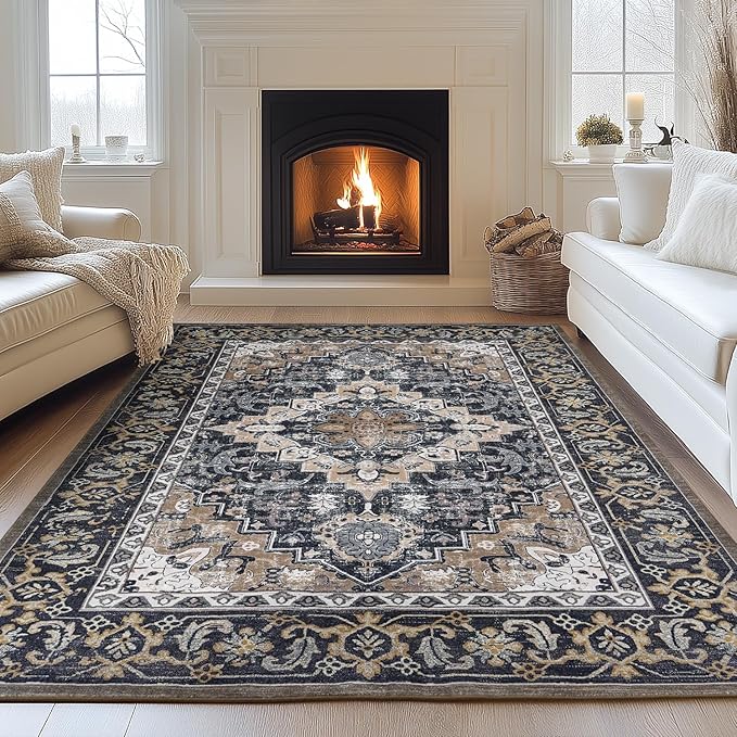 Lessymo 9 x 12 Area Rugs for Living Room, Machine Washable Area Rugs Boho Faux Wool Low Pile Area Rug for Bedroom, Floral Medallion Vintage Rugs with Non-Slip Rubber, Kid & Pet Friendly,Black Brown