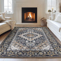 Lessymo 9 x 12 Area Rugs for Living Room, Machine Washable Area Rugs Boho Faux Wool Low Pile Area Rug for Bedroom, Floral Medallion Vintage Rugs with Non-Slip Rubber, Kid & Pet Friendly,Black Brown
