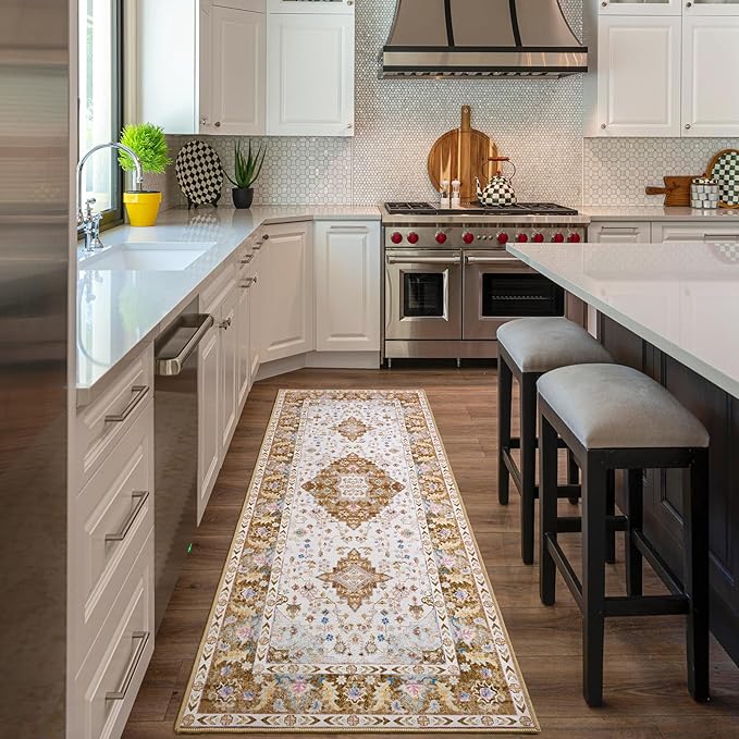 Amearea Vintage Design Runner Rugs for Living Room, 2x6 Machine Washable Floral Collection Traditional Bedroom Rug, Low Pile Cute Kids Room Print Carpet, No Slip Office Kitchen Home Decor, Gold Yellow