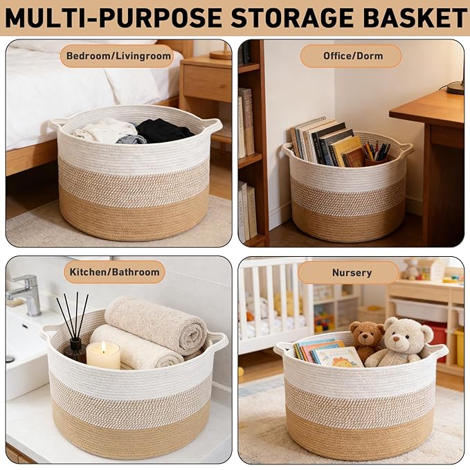 65L Large Blanket Basket,19.7" L x 19.7" W x 13" H Rope Woven Baskets with Handles, Toys Storage Bins,Laundry Basket Perfect for Living Room, Nursery,Bedroom,Home Organization,Yellow