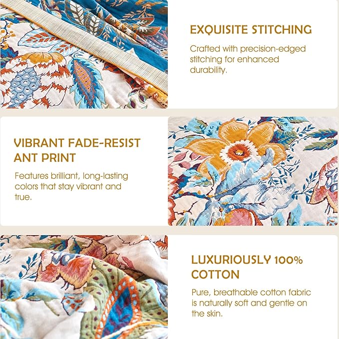 Boho Throw Blanket - 60"x80" 100% Cotton Ultra Soft Lightweight Spring Blanket, 4-Layer Breathable Muslin Blankets for Bed Couch, Reversible Green Floral Butterfly Printed Bohemian Cotton Quilt