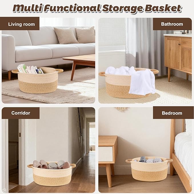 Woven Basket for Toys, Blankets & Gifts Empty ,Cotton Rope Storage Basket with Reinforced Handles for Nursery,Livingroom,Bedroom,Bathroom & Home Decor,17.72" x 9.45" x 7.09 (S)