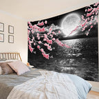 LB Pink Cherry Blossom Tapestry Full Moon with Grey Cloud in Night Sky Wall Tapestry Black Ocean Scenery Tapestries for Bedroom Living Room Dorm Wall Decor,78x60 inches