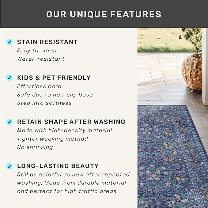 Dining Room Rugs for Under Table - 6x9 Washable Dark Blue Oriental Area Rug for Living Room, Low Pile Non-Slip Floor Carpet for Bedroom - Vintage Navy Design & Stain Resistance
