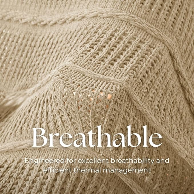 Boho Knitted Chenille Blanket with Tassels - Lightweight & Soft All-Season Throw - 3D Classic Pattern for Living Room Bedroom Couch, Sandy Beige, Twin 60"x80"