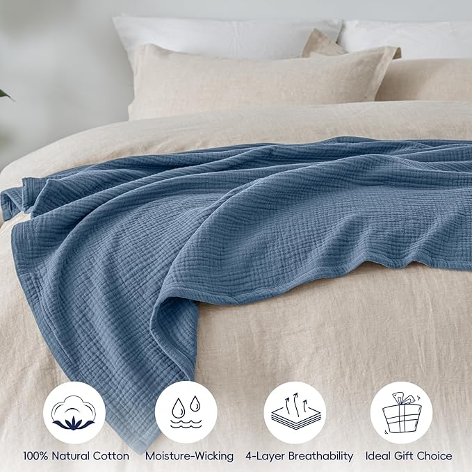 PHF 100% Cotton Muslin Throw Blanket 50" x 60", 4-Layer Lightweight Gauze Throw, Breathable Cloud-Soft Minimalist Blanket for Bed, Couch, Camping & Baby, Denim Blue, Ideal Gift