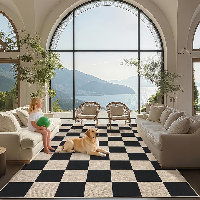 GarveeHome Easy Jute 8x10 Area Rugs for Living Room Checkered Rugs Machine Washable Non-Slip Backing Indoor Outdoor Carpets for Farmhouse Dining Room Nursery Patio Black