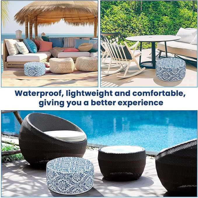 Outdoor Inflatable Ottoman Waterproof Pouf Ottoman with Handle D21 x H9, Water Repellent Portable Footstool for Patio Garden Camping or Home (Retro)