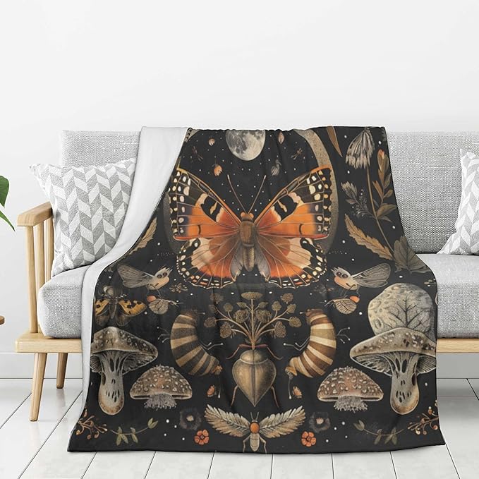 Orange Butterfly Moon Flower Throw Blanket, 320gsm Boho Mushroom Blanket Fluffy Cozy Soft Warm Plush Decorative Gifts for Women Men Kids, Blankets Quilt for Bed Sofa Chair Couch (60"x50")