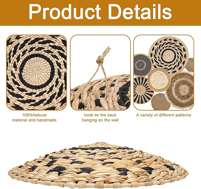 7 PCS Boho Wall Basket Decor, Handwoven Seagrass wall Hanging Baskets – Round Bohemian Wall basket for Farmhouse, Home, Room, Rustic Decor, Table Centerpiece (Black)