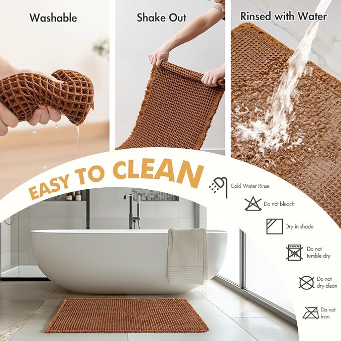 MIULEE Set of 2 Waffle Bathroom Runner Rugs, Fall Boho Bath Rug Non Slip, Super Absorbent Runner Bath Mats, Rubber Backed Shower Mat for Hallway Bedroom Laundry Room, Terracotta, 2'x6'(24x72 Inch)