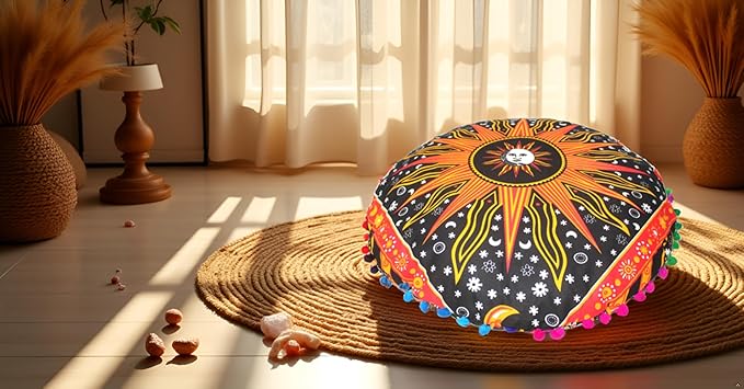 CRAFT KALA Large Round Bohemian Floor Pillow Pouf Cover Mandala Meditation Room Pillow Cover for Adults Boho Seating Poufs Cushion Cover for Kids Playroom 32" Round Orange Burning Sun