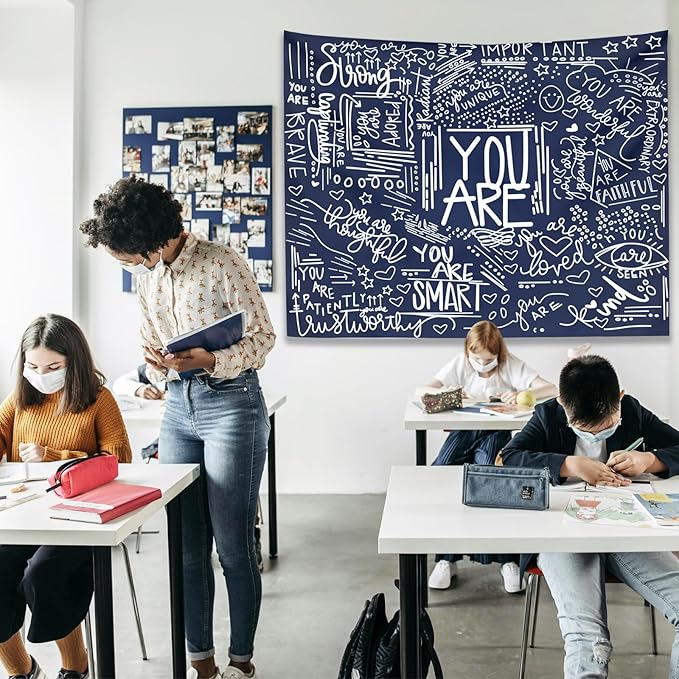 KJHL Quote You Are Wall Tapestry Blue Inspirational Classroom Kids Tapestries Wall Hanging Motivational Positive Affirmations Saying Aesthetic Tapestry for Bedroom Dorm