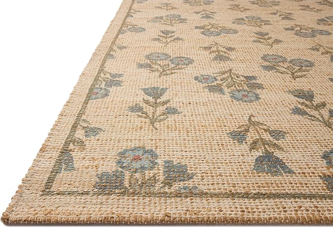 Loloi Chris Loves Julia Rue Collection RUE-04 Moss/Blue 8'-6" x 11'-6" Area Rug Jute Neutral Floral Living Room Bedroom Rug