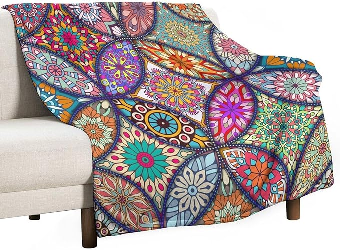 Boho Floral Throw Blanket Bohemian Colorful Mandala Flowers Print Theme Blanket for Sofa Bed Couch Chair Or Dorm 70"x80"