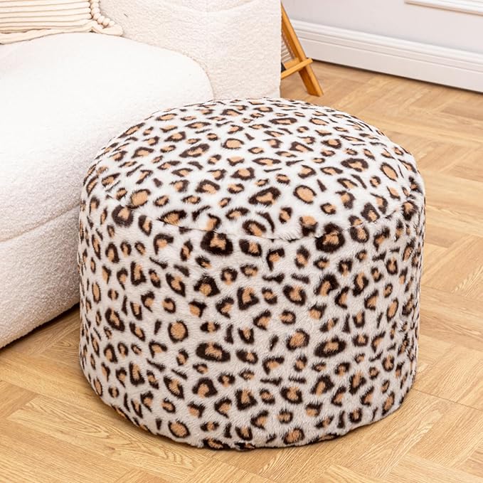 Round Pouf Ottoman 20 x 20 x 14 Inches Boho Poof Home Decor Floor Pouffe Ottoman Foot Rest for Couch Sofa Bean Bag Chairs Living Room Bedroom (Leopard Print)