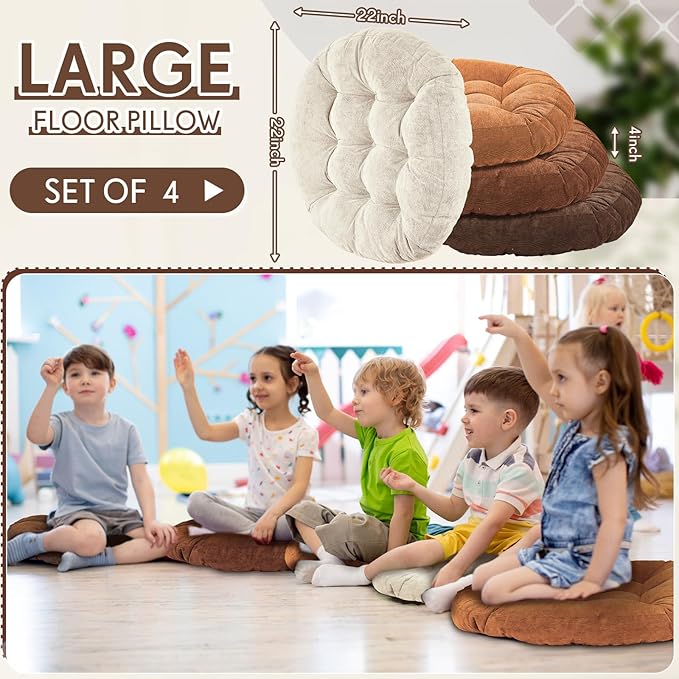 Jerify Floor Pillow Cushions Large Round Square Large Meditation Floor Pillow for Classroom Adult Meditation Picnic Party Seating Learning Daycare School(Round,Brown,4 Pcs)